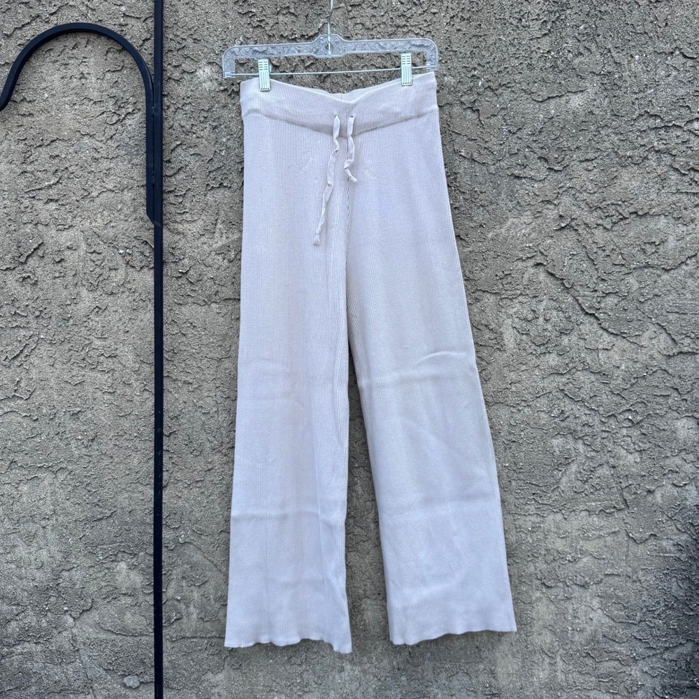 Stradivarius Ribbed Knit Pant Women Large Beige Wide Leg Drawstring 5054/832/430